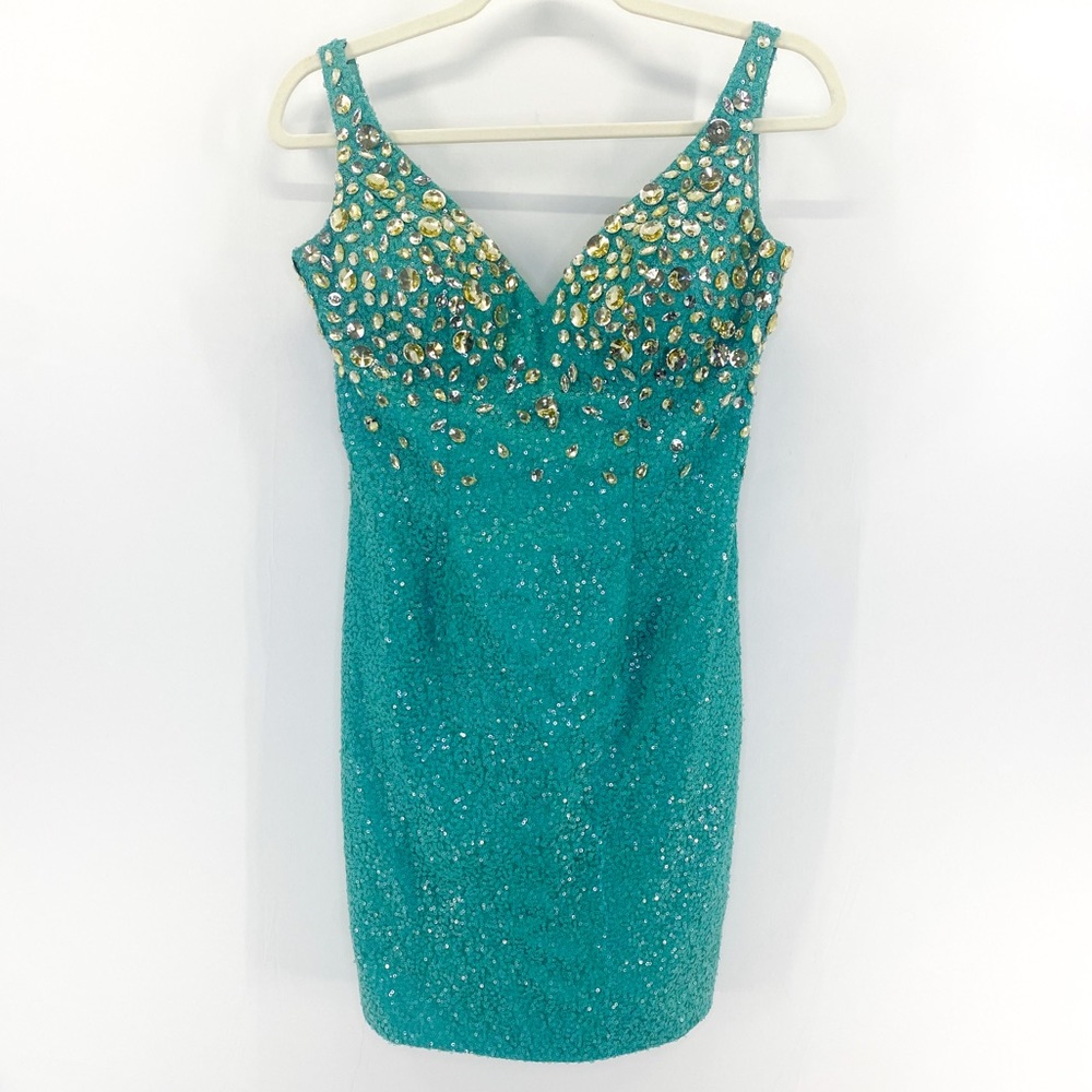 Mac Duggal Teal sequin embellished cocktail party mini dress size 4